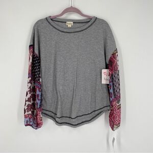 Baea Women’s Round Neck Waffle Knit Sheer Long Sleeve Tee size L